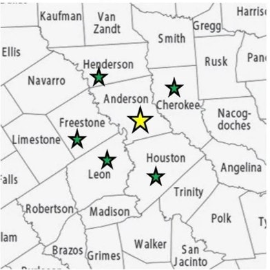 Court Document Retrieval and Courthouse Filing service coverage — highlighted counties in East Texas